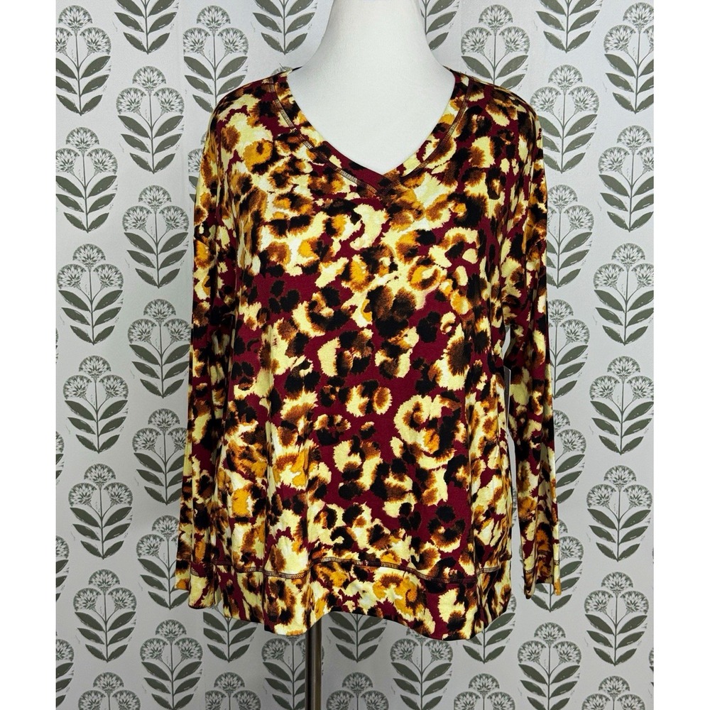 Westbound Multicolor Animal Print Knit V-Neck 3/4 Sleeve Top Large NWT Burgundy